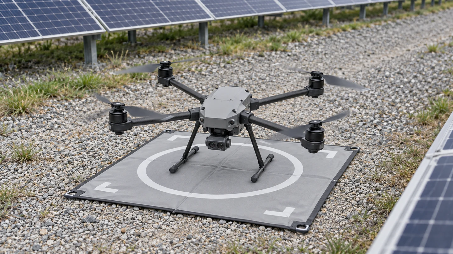 用途イメージ：太陽光パネル脇の着陸パッドにある、撮像ペイロード搭載の民生用点検ドローン。